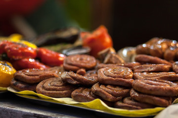 Grilled street food. Meat, sausage and vegetables.