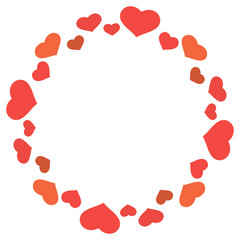 Round frame in cozy simple red and orange hearts on white background for your design. Vector image.