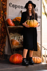 Photo of brunette lady posing on halloween concept background with pumpkins.Fashion style portrait....