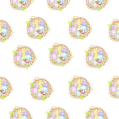 Watercolor seamless pattern with easter eggs in a bird's nest. Perfect for decorating a festive design in textile products, printing, souvenir products, web sites and more.