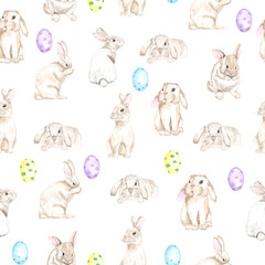 Obraz premium Watercolor seamless digital easter wallpaper with cute bunnies and painted eggs. Perfect for decorating the festive design of textiles, printing, souvenir products and other areas of application.