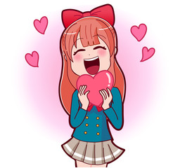 イラスト素材：少女漫画ヒロイン　ハート　プレゼント　笑顔