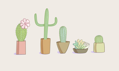 A set of illustrations depicting several flower pots with cacti in different colors and with different compositions.