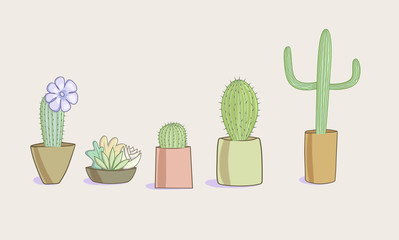 A set of illustrations depicting several flower pots with cacti in different colors and with different compositions.