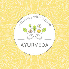 Ayurveda illustration with flower, leaves and tablet, ethnic patterns and sample text 