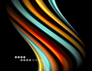 Silk smooth lines on black, liquid fluid color waves. Vector Illustration