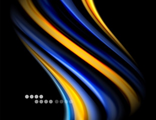 Silk smooth lines on black, liquid fluid color waves. Vector Illustration