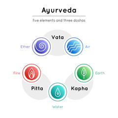 Vector illustration with set of isolated ayurveda symbols and body types 