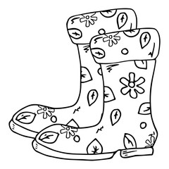 Garden rubber boots. Vector illustration of rubber boots. Spring rubber boots for gardening.