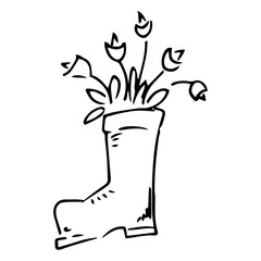Rubber boot with tulips and daffodils icon. Vector illustration of spring flowers in a rubber boot. Hand drawn daffodil and tulips in a garden boot.