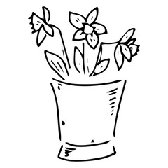Spring garden flowers. Vector illustration of garden flowers in a pot. Hand drawn spring flowers in a pot.