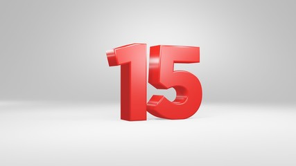 Number 15 in red on white background, isolated glossy number 3d render