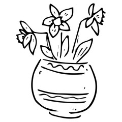Spring garden flowers. Vector illustration of garden flowers in a pot. Hand drawn spring flowers in a pot.