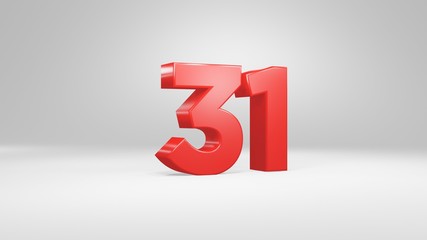 Number 31 in red on white background, isolated glossy number 3d render
