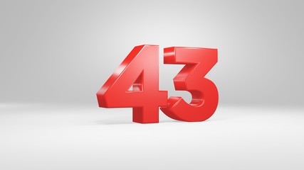 Number 43 in red on white background, isolated glossy number 3d render