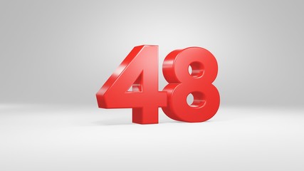 Number 48 in red on white background, isolated glossy number 3d render