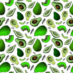 Avocado pattern. Hand drawn green avocado on transparent background. Seamless vector backdrop