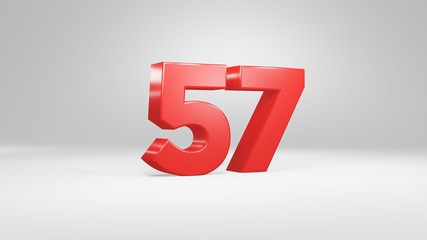 Number 57 in red on white background, isolated glossy number 3d render