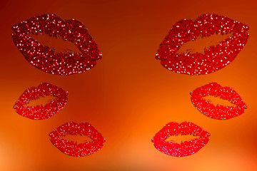 Glittery kisses on an orange blurred background