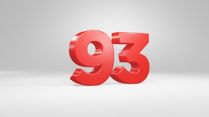 Number 93 in red on white background, isolated glossy number 3d render - obrazy, fototapety, plakaty