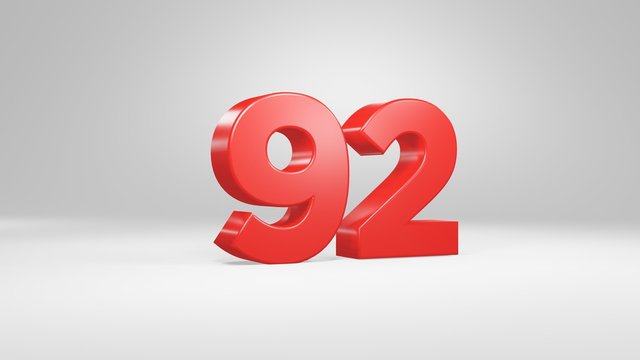 Number 92 in red on white background, isolated glossy number 3d render