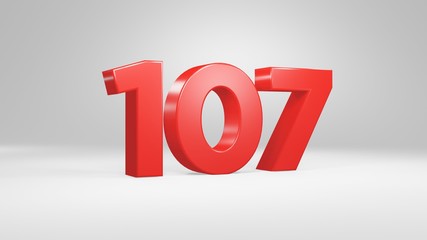 Number 107 in red on white background, isolated glossy number 3d render