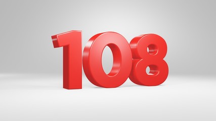 Number 108 in red on white background, isolated glossy number 3d render