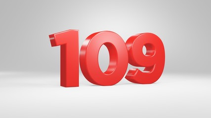 Number 109 in red on white background, isolated glossy number 3d render