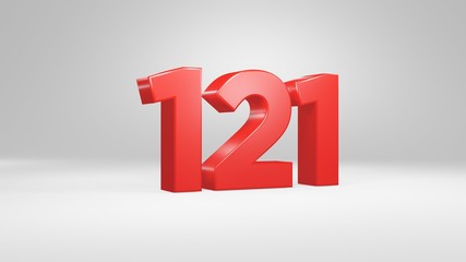 Number 121 in red on white background, isolated glossy number 3d render