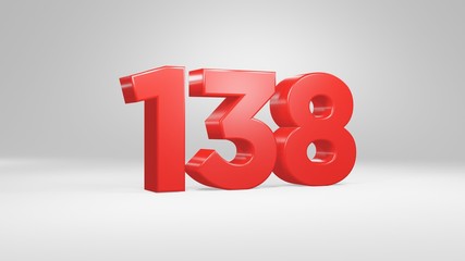 Number 138 in red on white background, isolated glossy number 3d render
