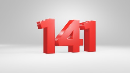 Number 141 in red on white background, isolated glossy number 3d render