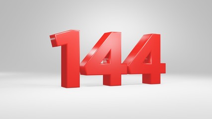 Number 144 in red on white background, isolated glossy number 3d render © Simon