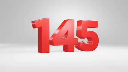 Number 145 in red on white background, isolated glossy number 3d render