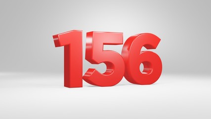 Number 156 in red on white background, isolated glossy number 3d render