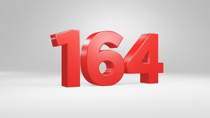 Number 164 in red on white background, isolated glossy number 3d render