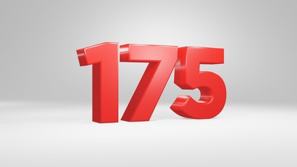 Number 175 in red on white background, isolated glossy number 3d render