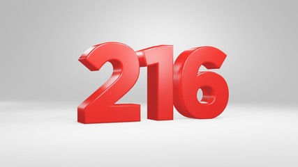 Number 216 in red on white background, isolated glossy number 3d render