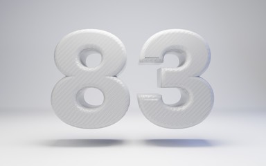 White carbon fiber number 83 isolated on white. 3D rendered white glossy carbon digits for posters, advertisements, banners.