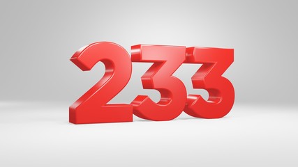 Number 233 in red on white background, isolated glossy number 3d render