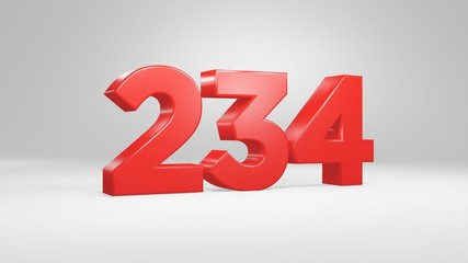 Number 234 in red on white background, isolated glossy number 3d render