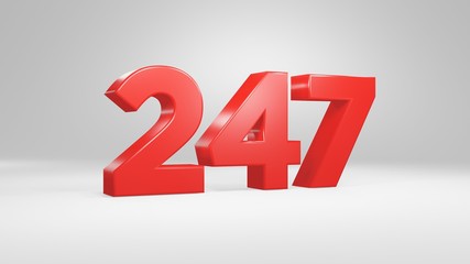 Number 247 in red on white background, isolated glossy number 3d render
