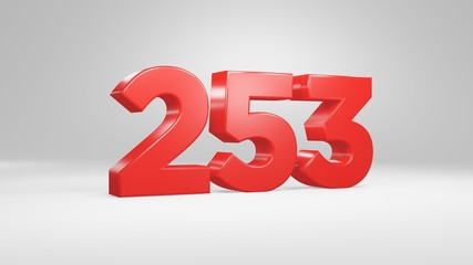 Number 253 in red on white background, isolated glossy number 3d render