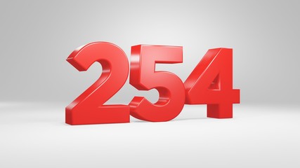 Number 254 in red on white background, isolated glossy number 3d render