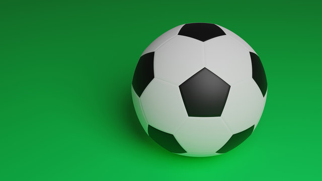 one football ball isolated on green background, close up soccer ball with copy space for sport background