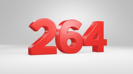 Number 264 in red on white background, isolated glossy number 3d render