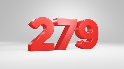 Number 279 in red on white background, isolated glossy number 3d render