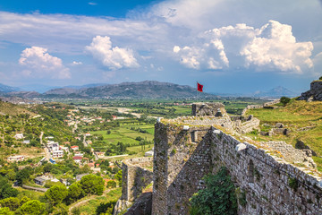 Outskirts of Shkoder town with mountain range on background. View from The Fortress Rozafa at...