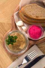 Traditional Russian meat aspic with mustard. Jellied meat. Jelly with meat, beef aspic, Ukrainian...