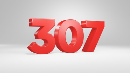 Number 307 in red on white background, isolated glossy number 3d render