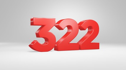 Number 322 in red on white background, isolated glossy number 3d render